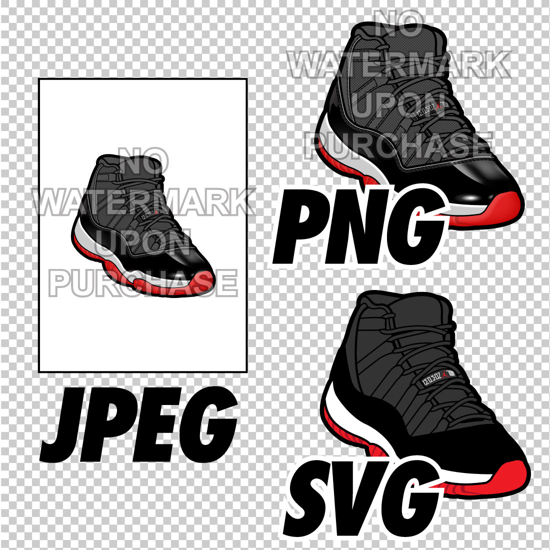 Air Jordan 11 bred JPEG PNG SVG Sneaker Art right & left shoe bundle Digital Download preview image.