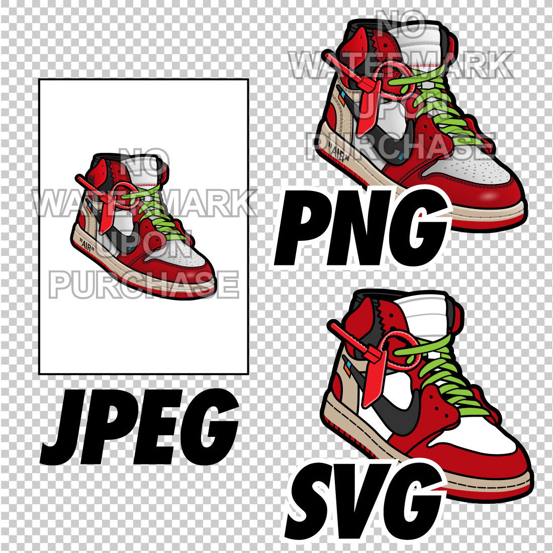 Air Jordan 1 Off White Chicago with Lace Swap in JPEG PNG SVG Sneaker Art right & left shoe bundle preview image.