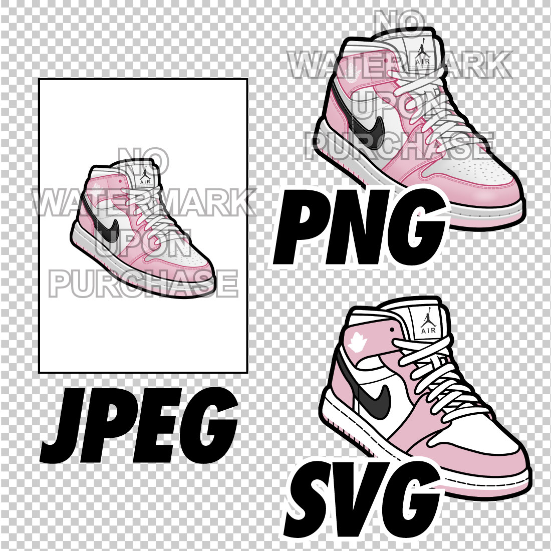 Air Jordan 1 MID White Pink Black JPEG PNG SVG Sneaker Art right & left shoe bundle Digital Download preview image.
