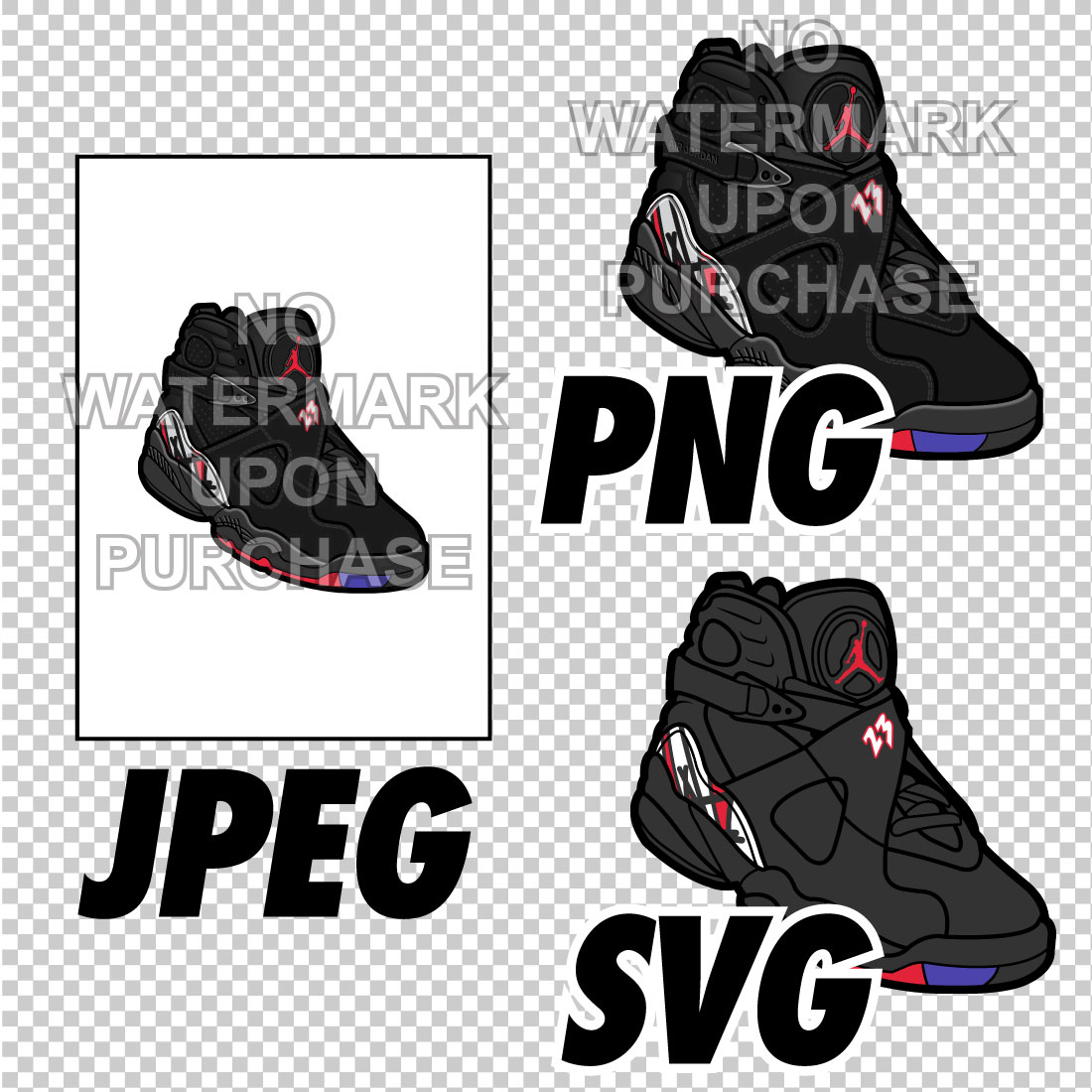 Air Jordan 8 Playoffs JPEG PNG SVG Sneaker Art right & left shoe bundle Digital Download preview image.