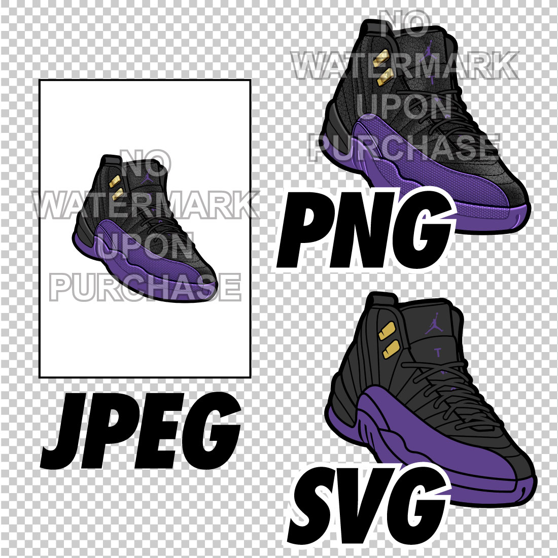 Air Jordan 12 Field Purple JPEG PNG SVG Sneaker Art right & left shoe bundle digital download preview image.