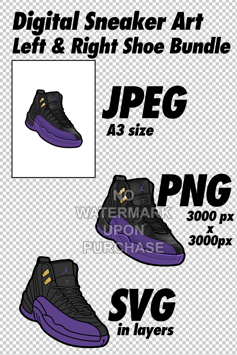 Air Jordan 12 Field Purple JPEG PNG SVG Sneaker Art right & left shoe bundle digital download pinterest preview image.