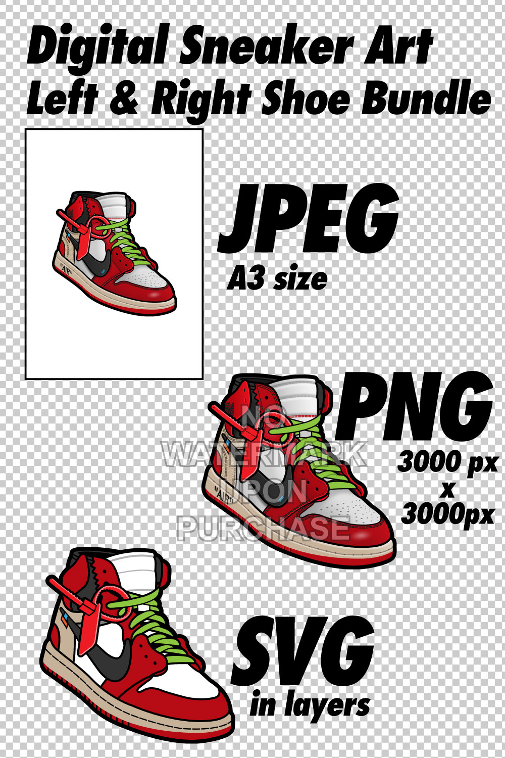 Air Jordan 1 Off White Chicago with Lace Swap in JPEG PNG SVG Sneaker Art right & left shoe bundle pinterest preview image.
