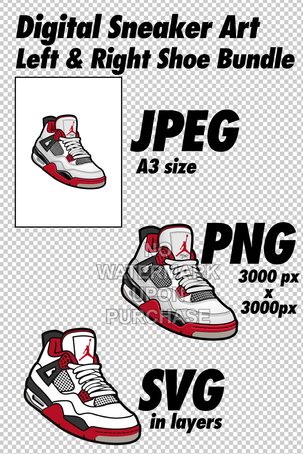 Air Jordan 4 Fire Red JPEG PNG SVG Sneaker Art right & left shoe bundle pinterest preview image.
