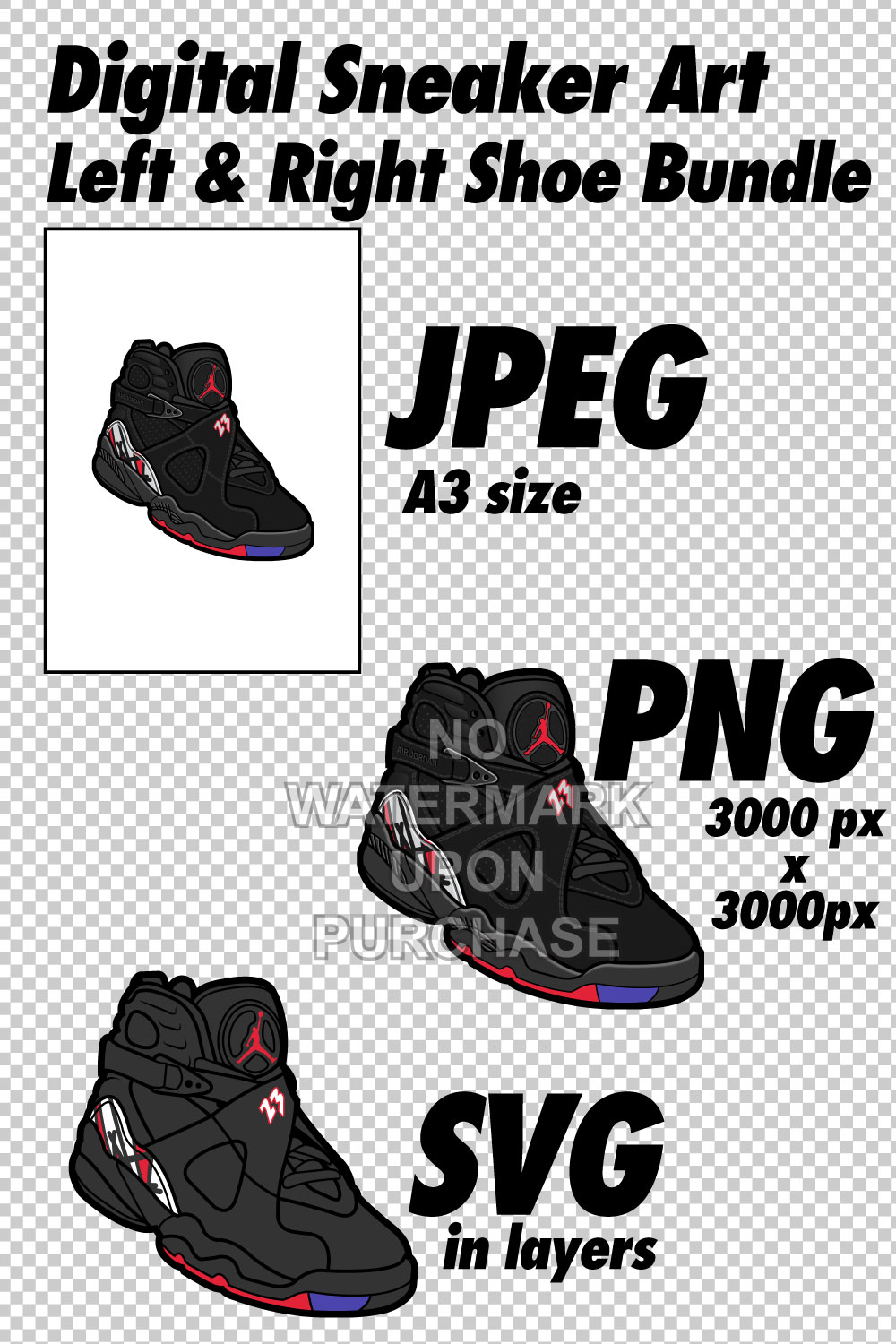 Air Jordan 8 Playoffs JPEG PNG SVG Sneaker Art right & left shoe bundle Digital Download pinterest preview image.