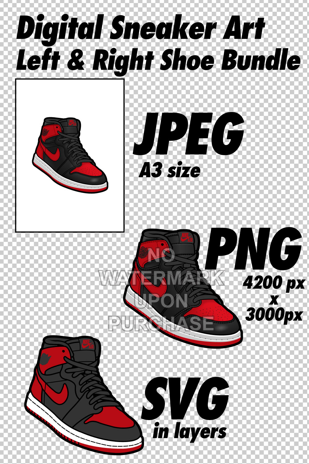 Air Jordan 1 Banned JPEG PNG SVG right & left shoe bundle Sneaker Art Digital Download pinterest preview image.
