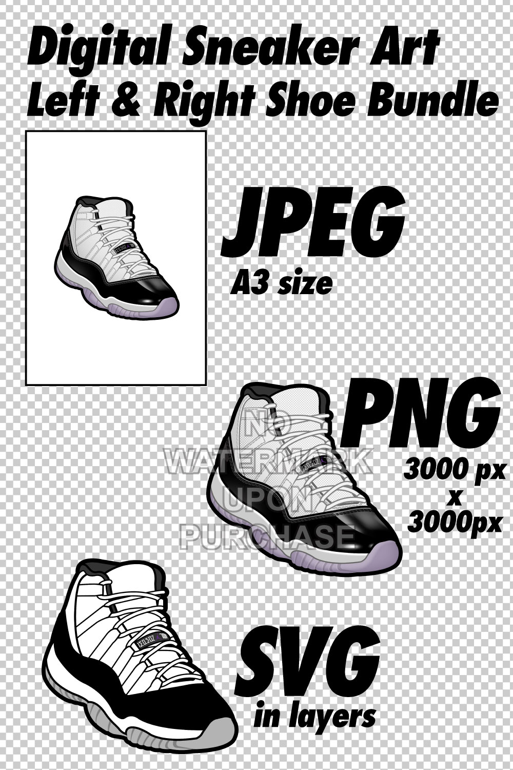 Air Jordan 11 Concords JPEG PNG SVG Sneaker Art right & left shoe bundle pinterest preview image.