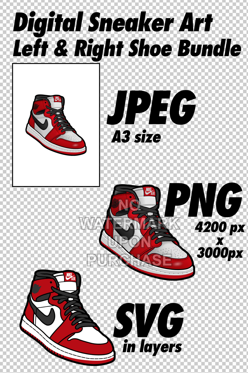 Air Jordan 1 Chicago JPEG PNG SVG right & left shoe bundle Digital Download pinterest preview image.