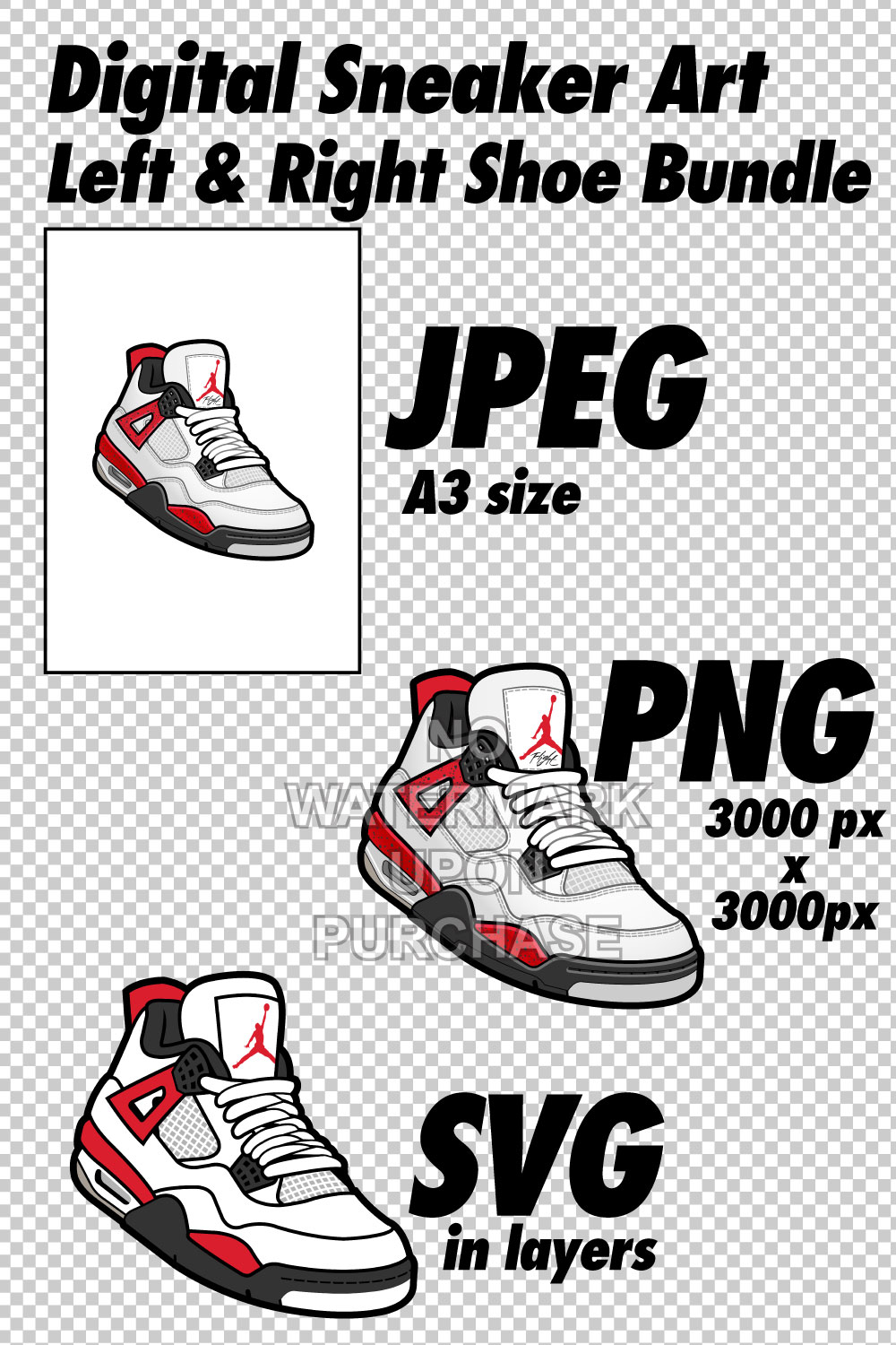 Air Jordan 4 Red Cement JPEG PNG SVG Sneaker Art Left & Right Shoe Bundle Digital Download pinterest preview image.