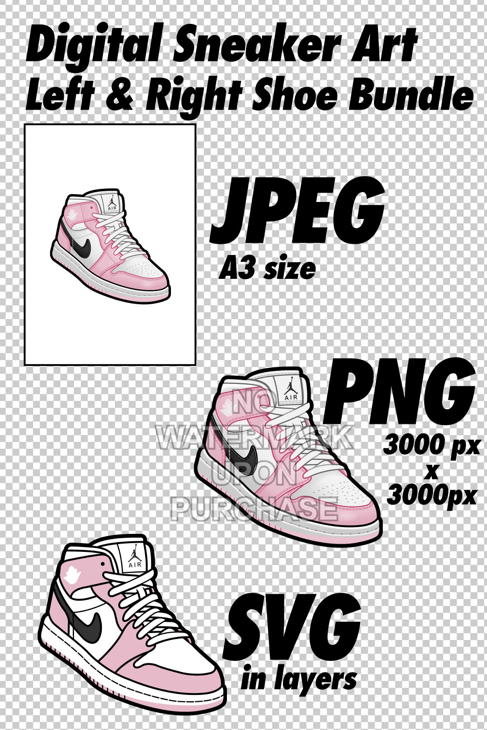 Air Jordan 1 MID White Pink Black JPEG PNG SVG Sneaker Art right & left shoe bundle Digital Download pinterest preview image.