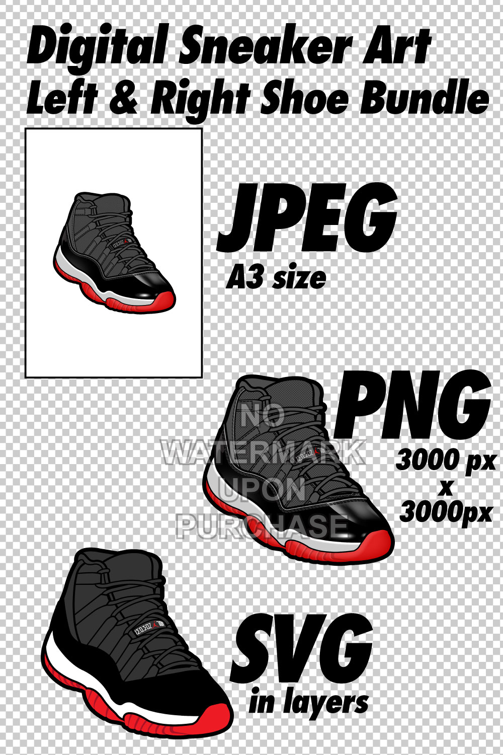 Air Jordan 11 bred JPEG PNG SVG Sneaker Art right & left shoe bundle Digital Download pinterest preview image.