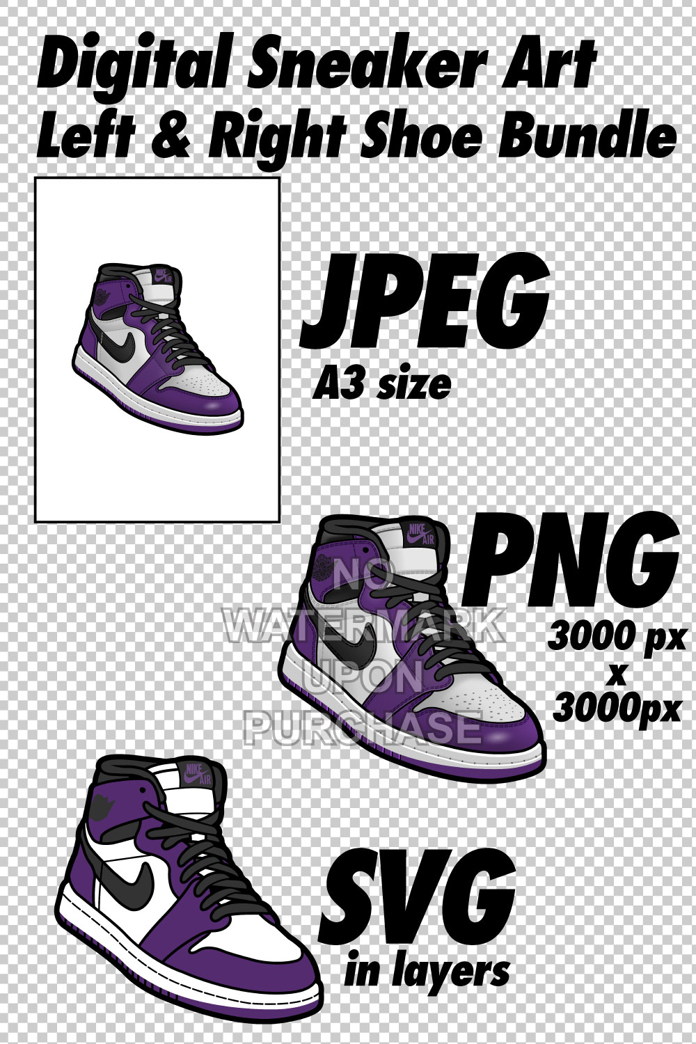 Air Jordan 1 Court Purple JPEG PNG SVG Sneaker Art right & left shoe bundle pinterest preview image.