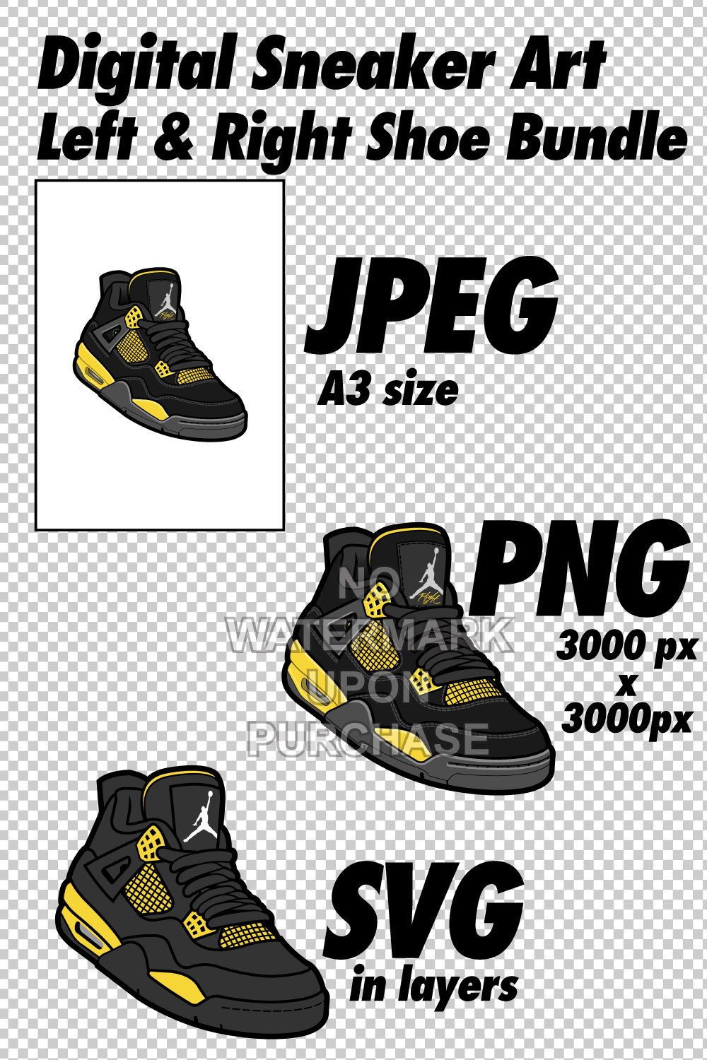 Air Jordan 4 Thunder JPEG PNG SVG Sneaker Art right & left shoe bundle pinterest preview image.