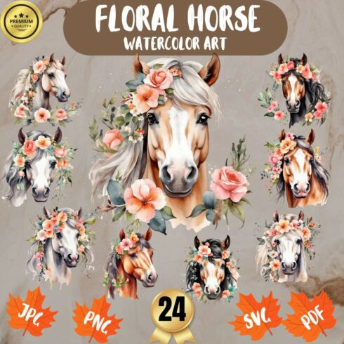 Set of 24, Watercolor Floral Horse Clip Art, Floral Horse Png, Watercolor Horse Png, Card Making, Wall Art, Floral Horse Svg, Digital PNG cover image.