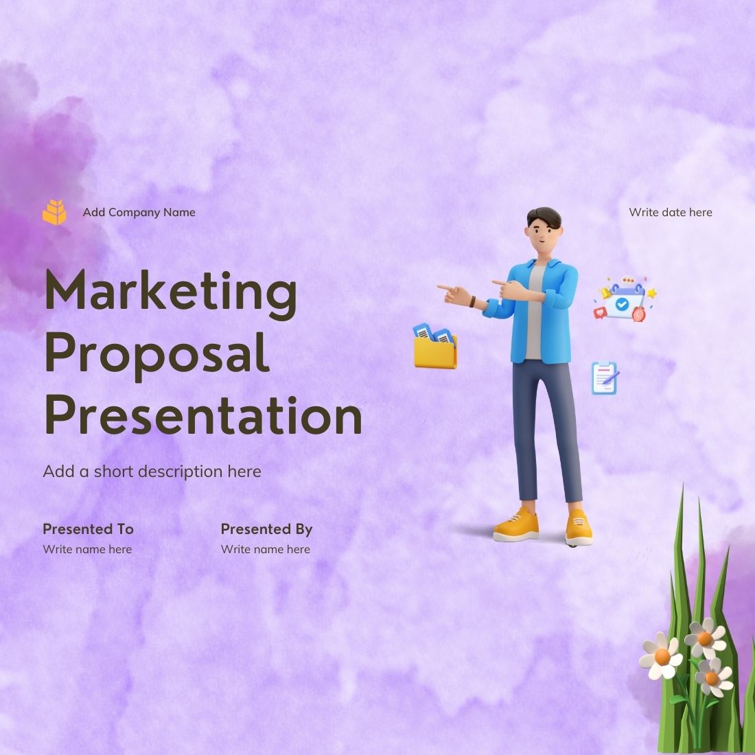 3D Presentation design template about marketing business proposals with a purple background preview image.
