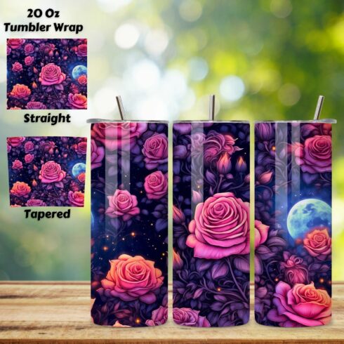 Magical Moonlight Roses Tumbler Wrap, Seamless PNG, tumbler wrap, sublimation tumbler, tumbler sublimation, sublimation designs, tumbler design cover image.