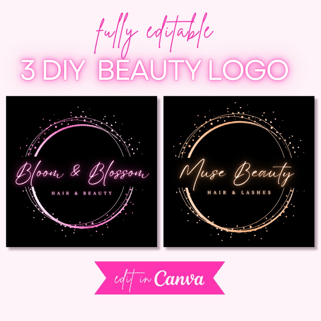 Beauty Logo, DIY Logo Design Template, Hair Logo, Lash Tech Logo, Fashion Logo, Hair Bundles Extensions Logo, Premade Business Logo, Boutique Logo, Eyelash Logo, Lash Logo, Pink Neon Logo cover image.