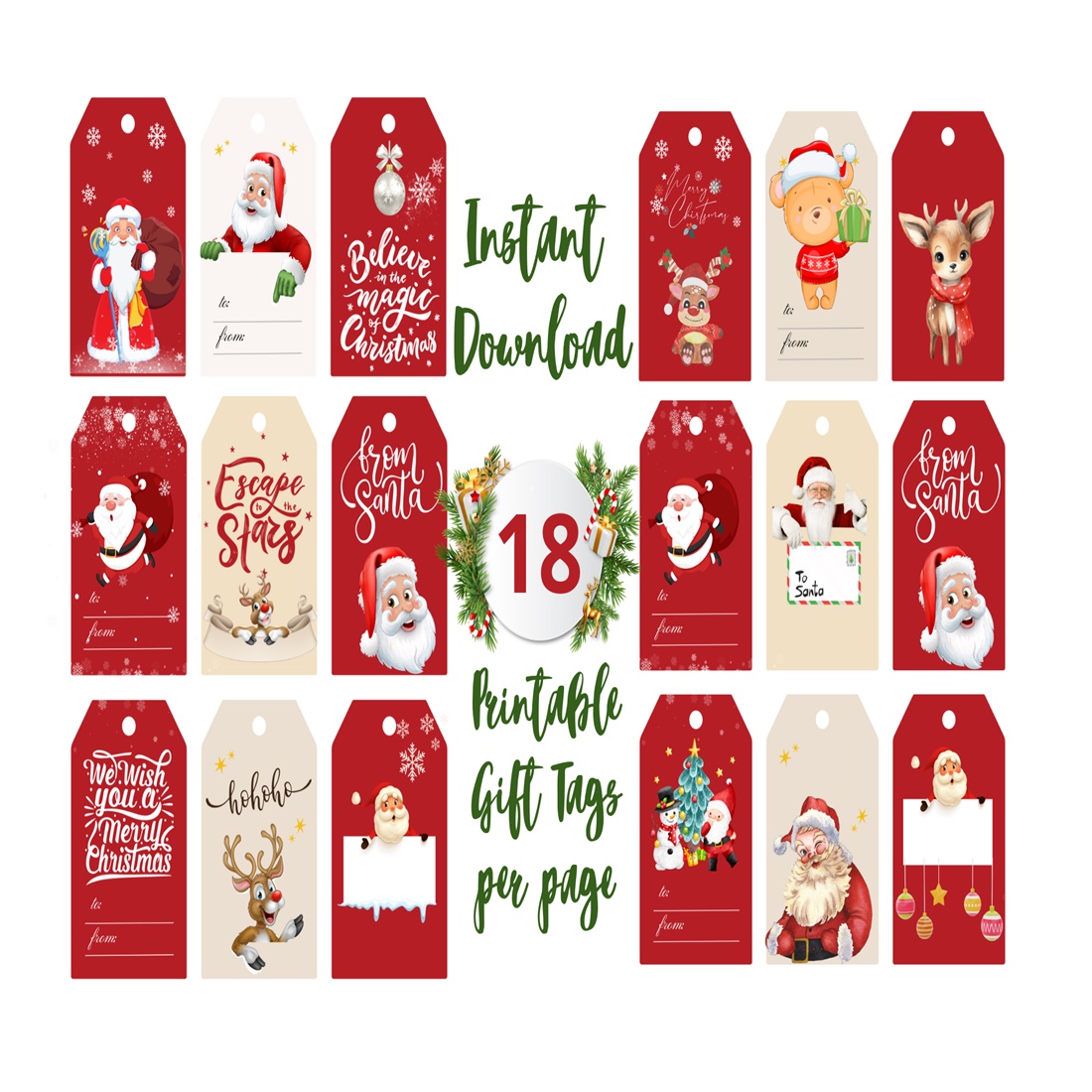 Printable Christmas Gift Tags, Holiday gift tags, DIY gift tags, Holiday gift wrapping, Assorted Christmas gift tags, Set of 18 Printable cover image.