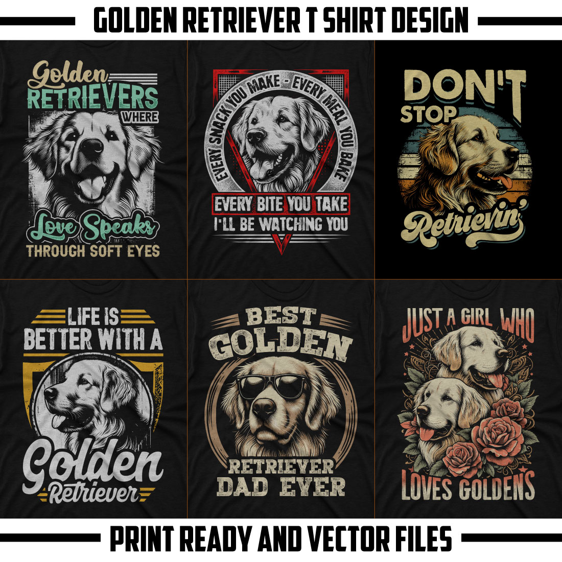 Golden retriever dog t shirt design bundle cover image.