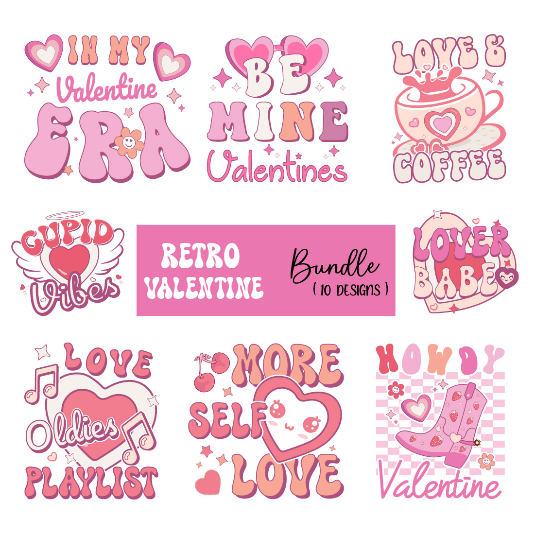 Retro Valentines PNG Sublimation Bundle preview image.