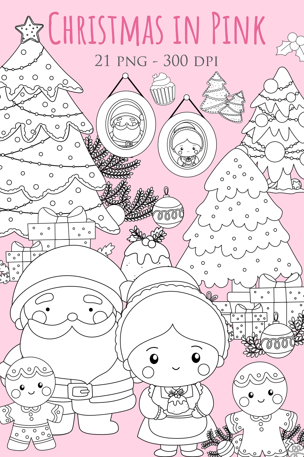 Cute Christmas in Pink Decoration Background Ornaments Accessories Tree Santa Claus Gingerbread Grandmother Character Cartoon Digital Stamp Outline pinterest preview image.