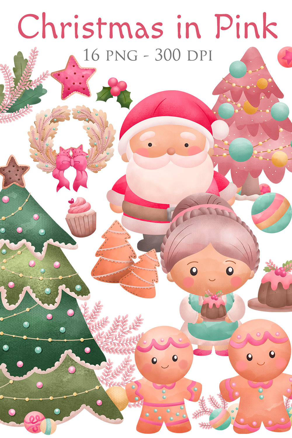 Watercolour Cute Seasonal December Christmas In Pink Decoration Background Santa Claus Gingerbread Grandmother Ornaments Tree Accessories Holiday Illustration Vector Clipart Sticker pinterest preview image.