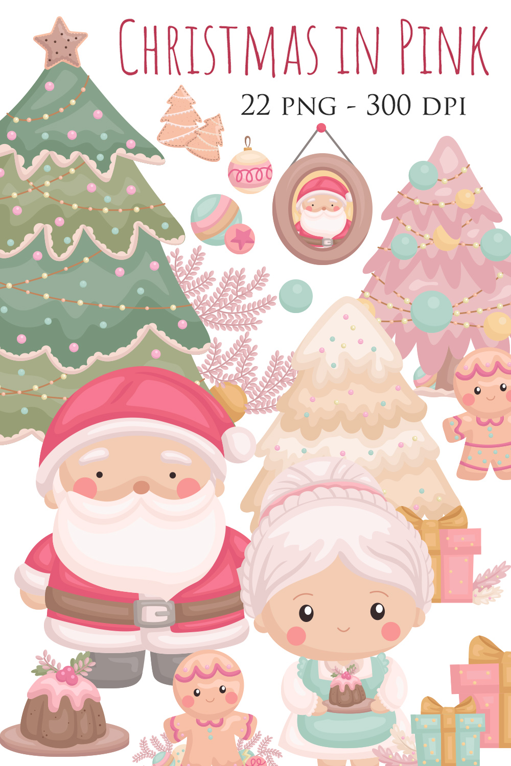 Cute Christmas in Pink Decoration Background Ornaments Accessories Tree Santa Claus Gingerbread Grandmother Character Cartoon Illustration Vector Clipart Sticker pinterest preview image.