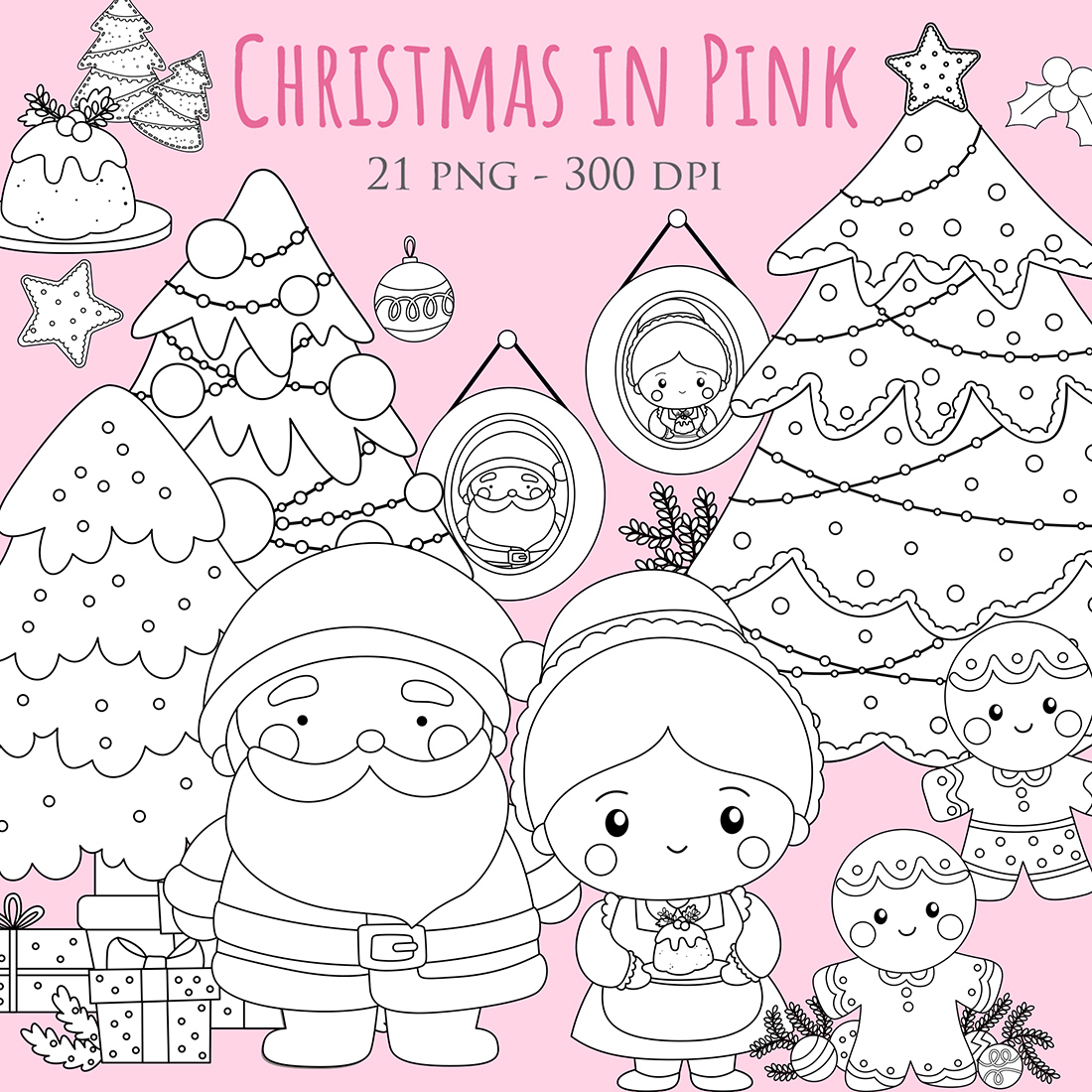 Cute Christmas in Pink Decoration Background Ornaments Accessories Tree Santa Claus Gingerbread Grandmother Character Cartoon Digital Stamp Outline cover image.
