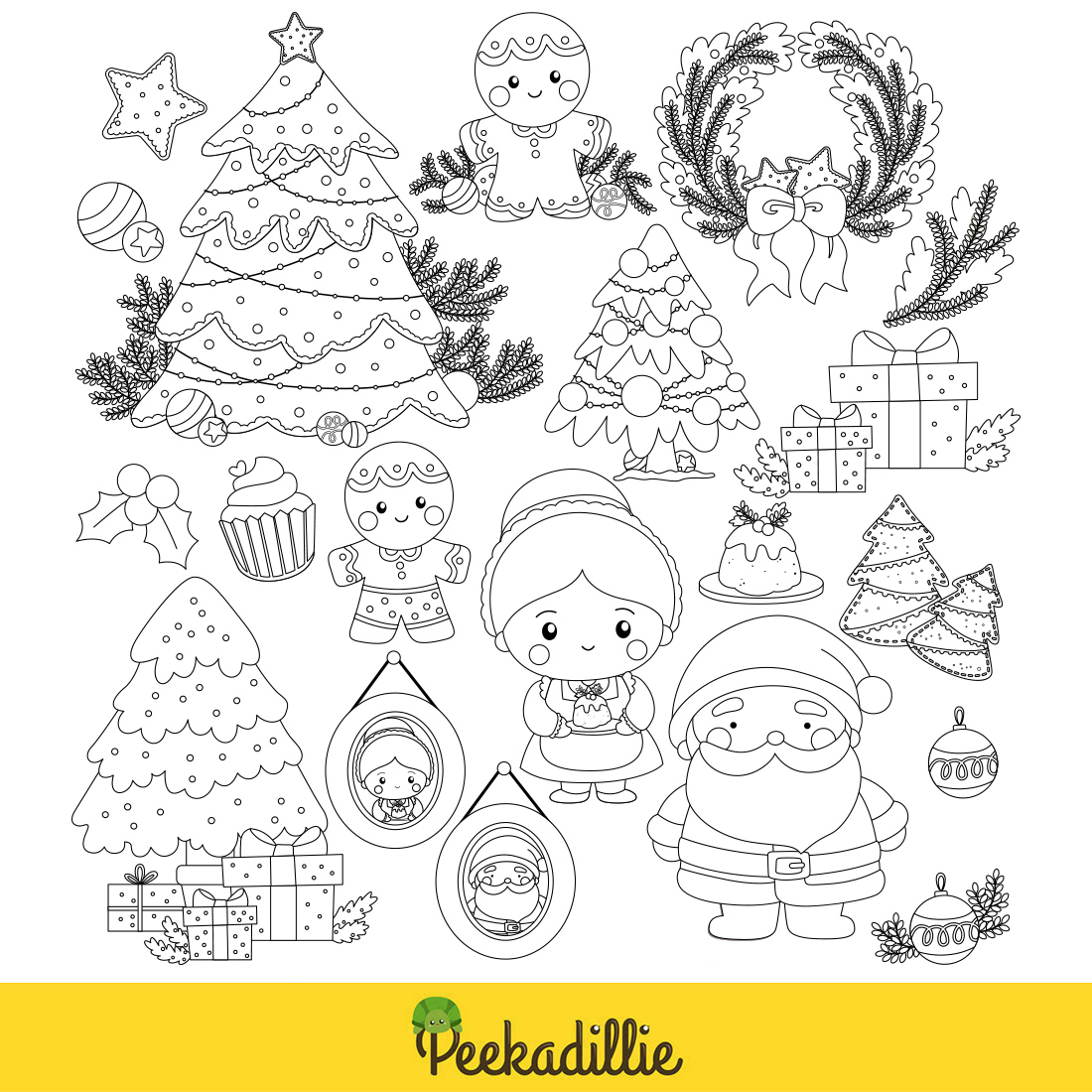 Cute Christmas in Pink Decoration Background Ornaments Accessories Tree Santa Claus Gingerbread Grandmother Character Cartoon Digital Stamp Outline preview image.