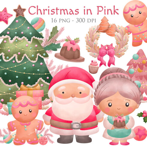 Watercolour Cute Seasonal December Christmas In Pink Decoration Background Santa Claus Gingerbread Grandmother Ornaments Tree Accessories Holiday Illustration Vector Clipart Sticker cover image.