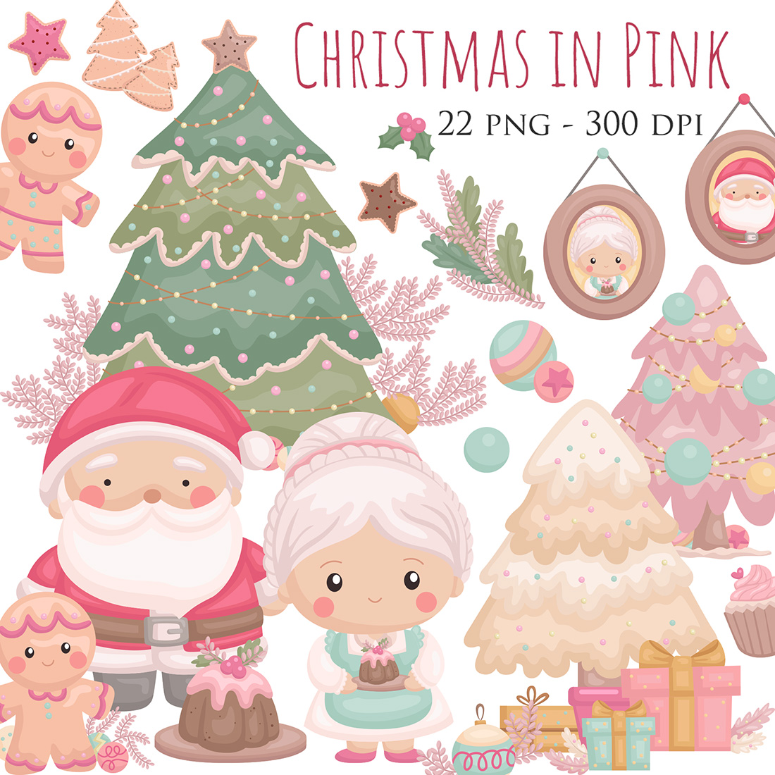 Cute Christmas in Pink Decoration Background Ornaments Accessories Tree Santa Claus Gingerbread Grandmother Character Cartoon Illustration Vector Clipart Sticker cover image.