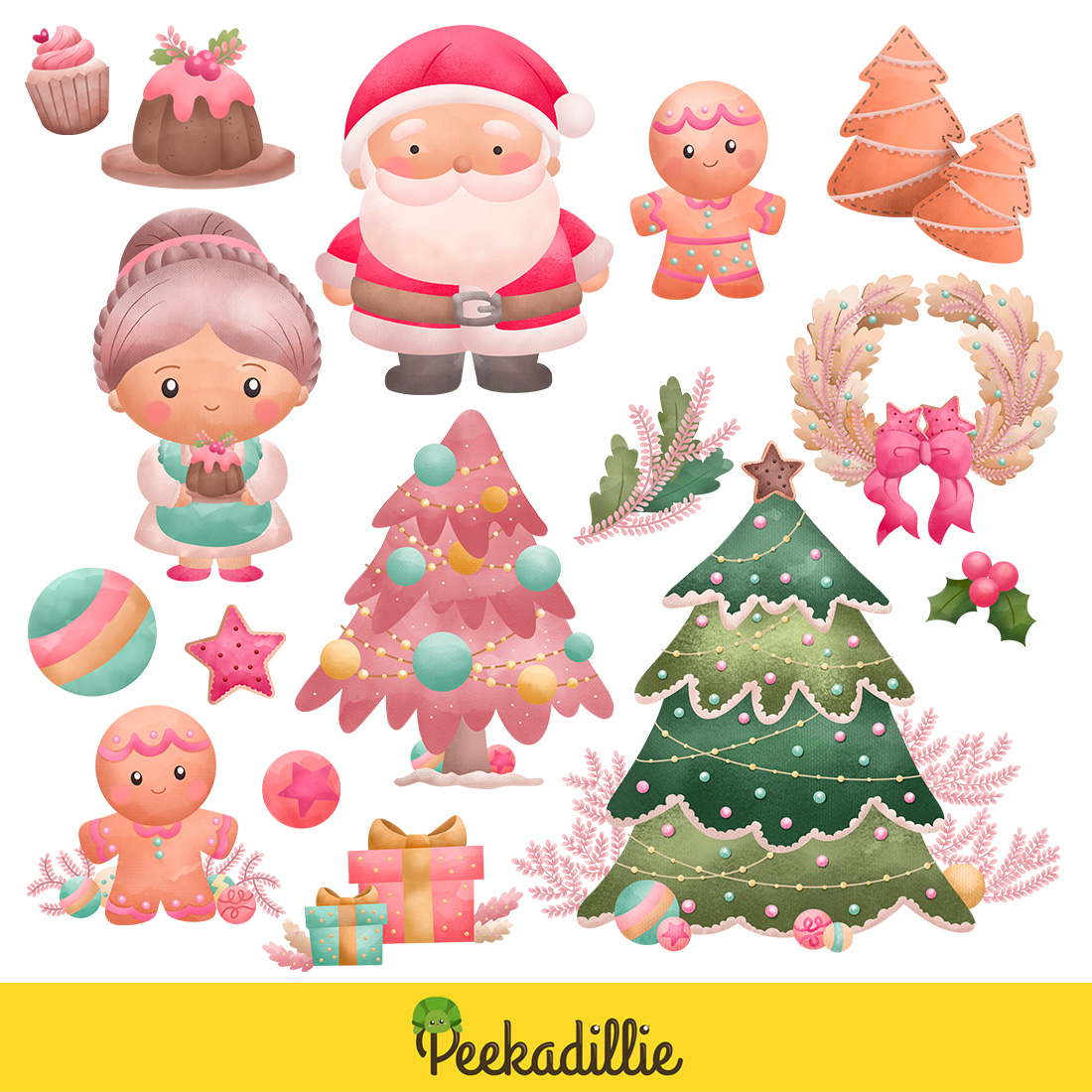 Watercolour Cute Seasonal December Christmas In Pink Decoration Background Santa Claus Gingerbread Grandmother Ornaments Tree Accessories Holiday Illustration Vector Clipart Sticker preview image.