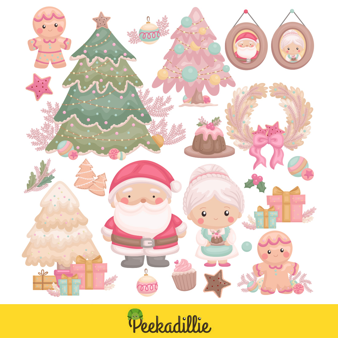 Cute Christmas in Pink Decoration Background Ornaments Accessories Tree Santa Claus Gingerbread Grandmother Character Cartoon Illustration Vector Clipart Sticker preview image.