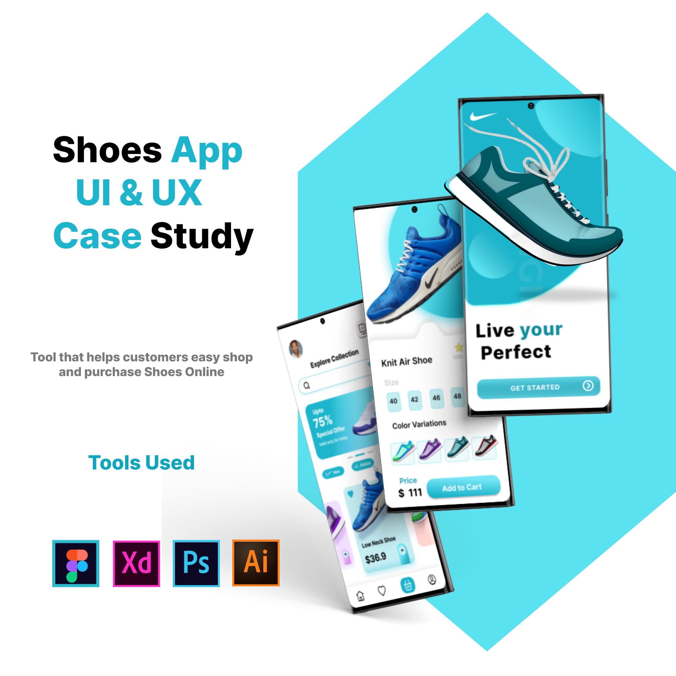 Figma shoes App Design with case study cover image.
