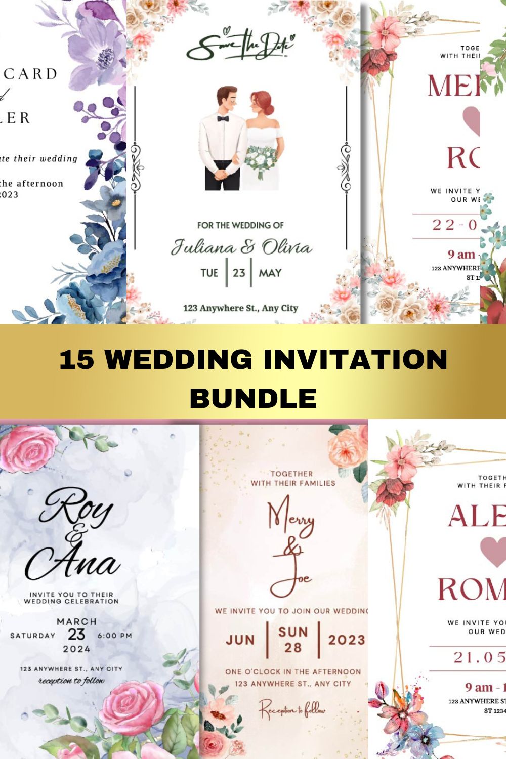 15 Botanical Wedding Invitation Bundle pinterest preview image.
