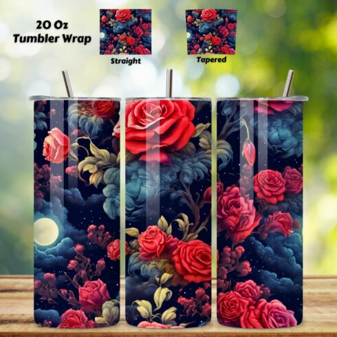 Mystic Moonlight Rose Tumbler Wrap, 3D Seamless Wrap PNG, tumbler sublimation design, tumbler template, skinny tumbler wrap, skinny tumbler sublimation cover image.