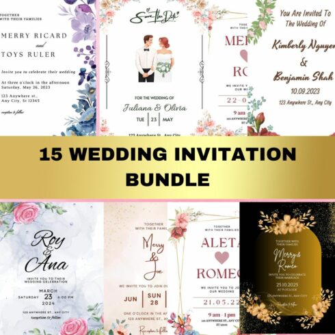 15 Botanical Wedding Invitation Bundle cover image.