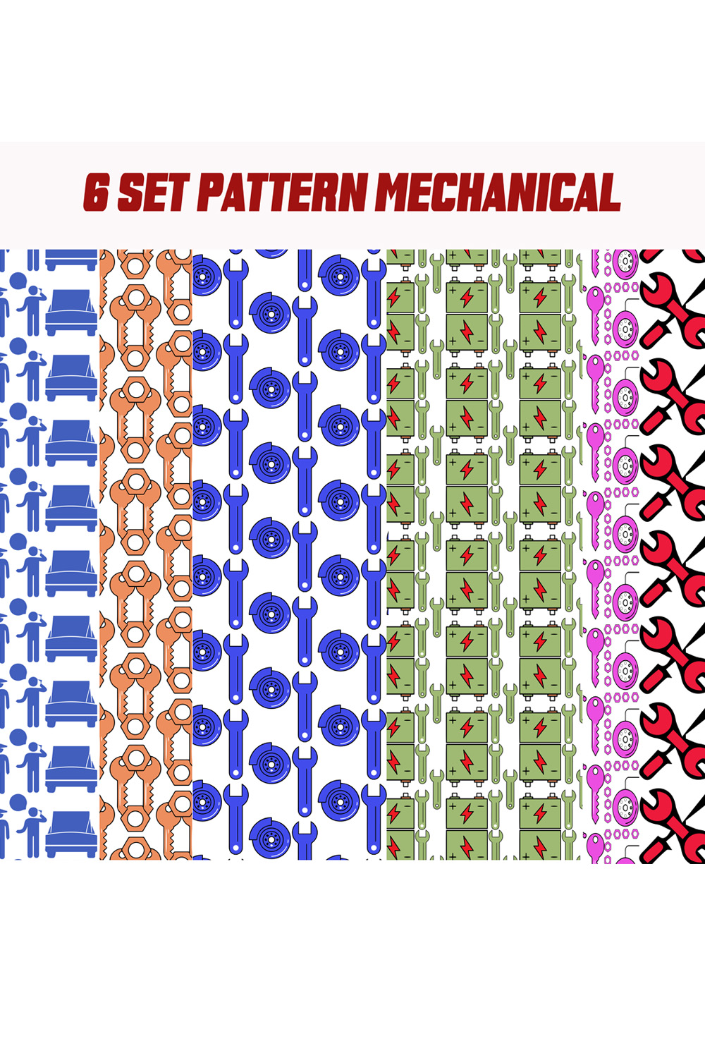 6 Sets of mechanical patterns in EPS, SVG and JPG files pinterest preview image.