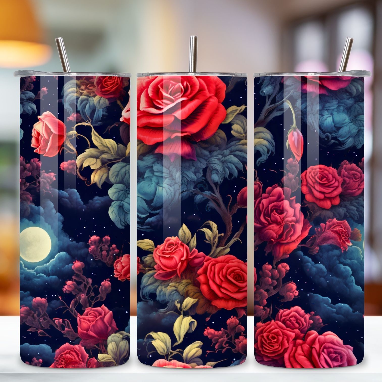 Mystic Moonlight Rose Tumbler Wrap, 3D Seamless Wrap PNG, tumbler sublimation design, tumbler template, skinny tumbler wrap, skinny tumbler sublimation preview image.