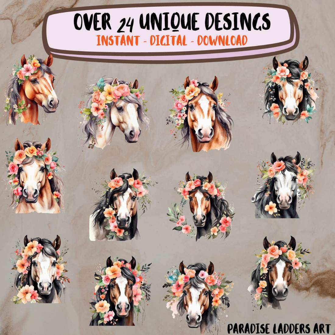 Set of 24, Watercolor Floral Horse Clip Art, Floral Horse Png, Watercolor Horse Png, Card Making, Wall Art, Floral Horse Svg, Digital PNG preview image.