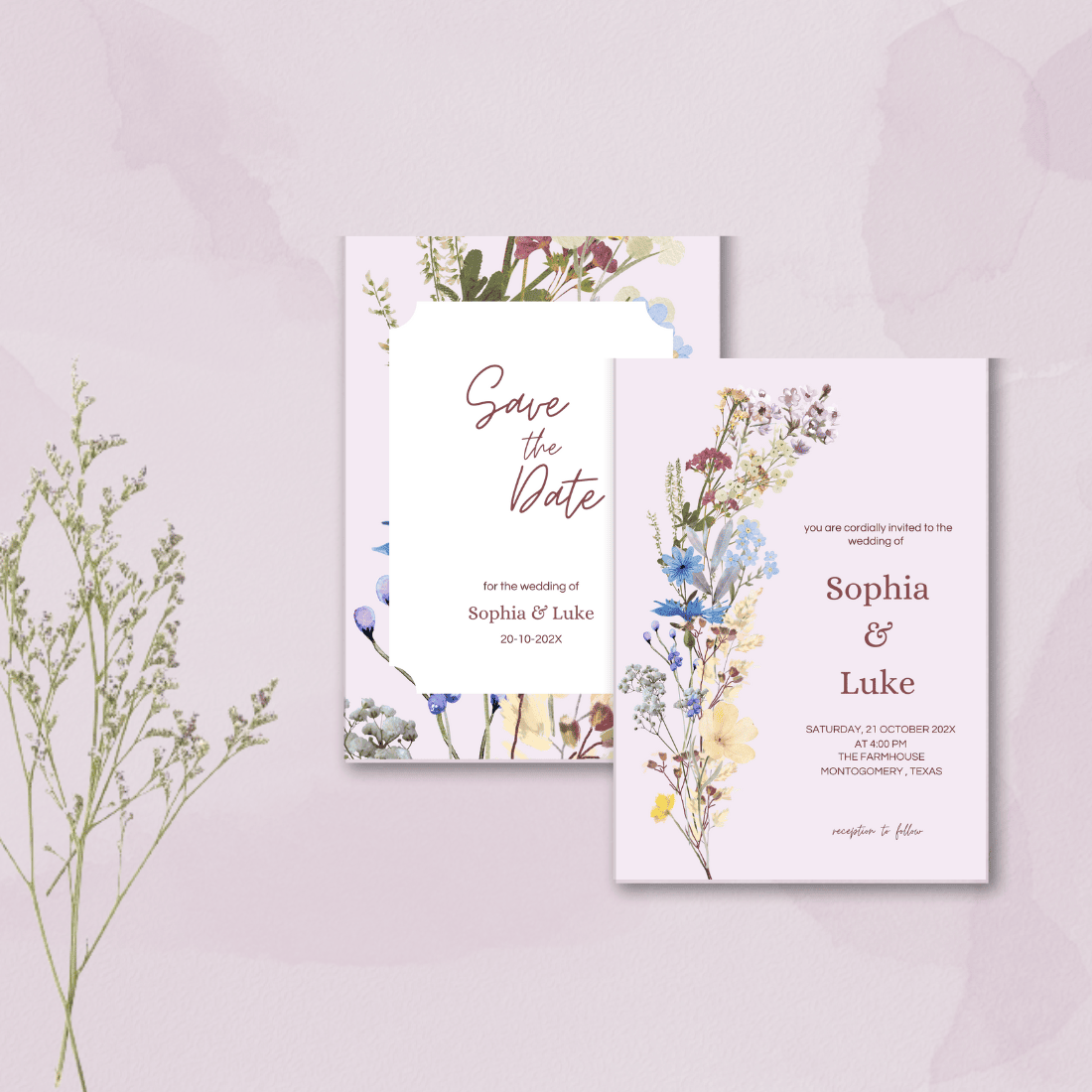 7 Botanical Wedding Cards Template preview image.