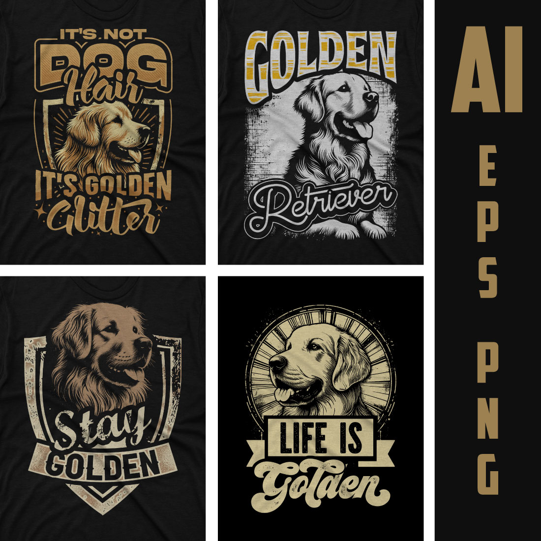 Golden retriever dog t shirt design bundle preview image.