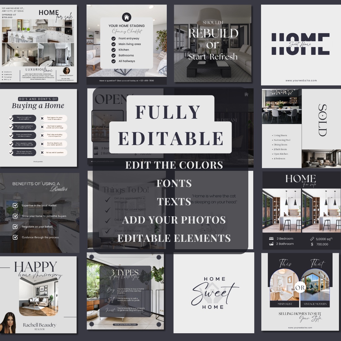 140+ REALTOR Facebook Instagram Post Templates Real Estate Facebook Instagram Templates Editable Canva Template Pack Marketing Graphics, Social Media Posts preview image.