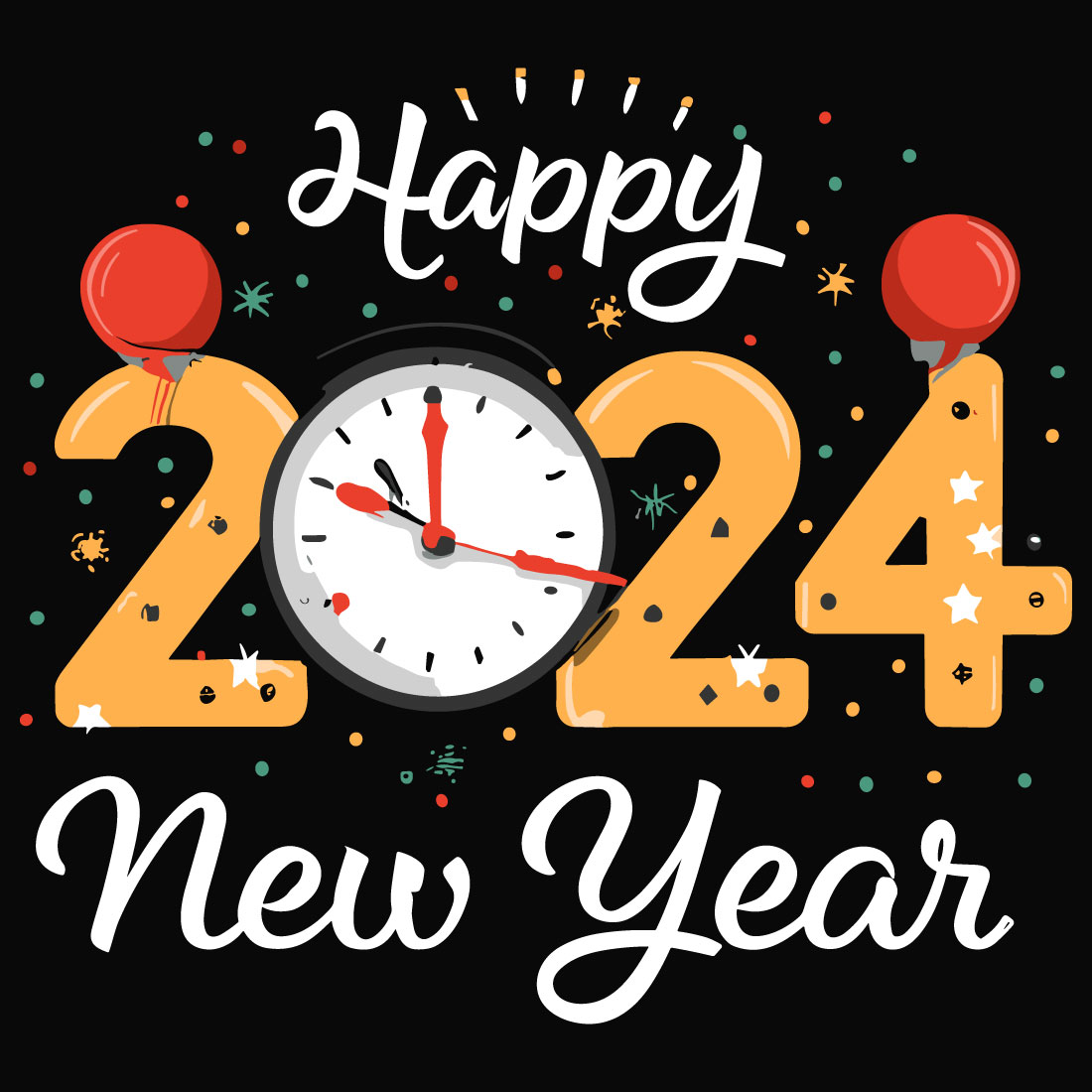 Happy New Year 2024 Clock T shirt Design Download - Latest Design High Quality For Print preview image.