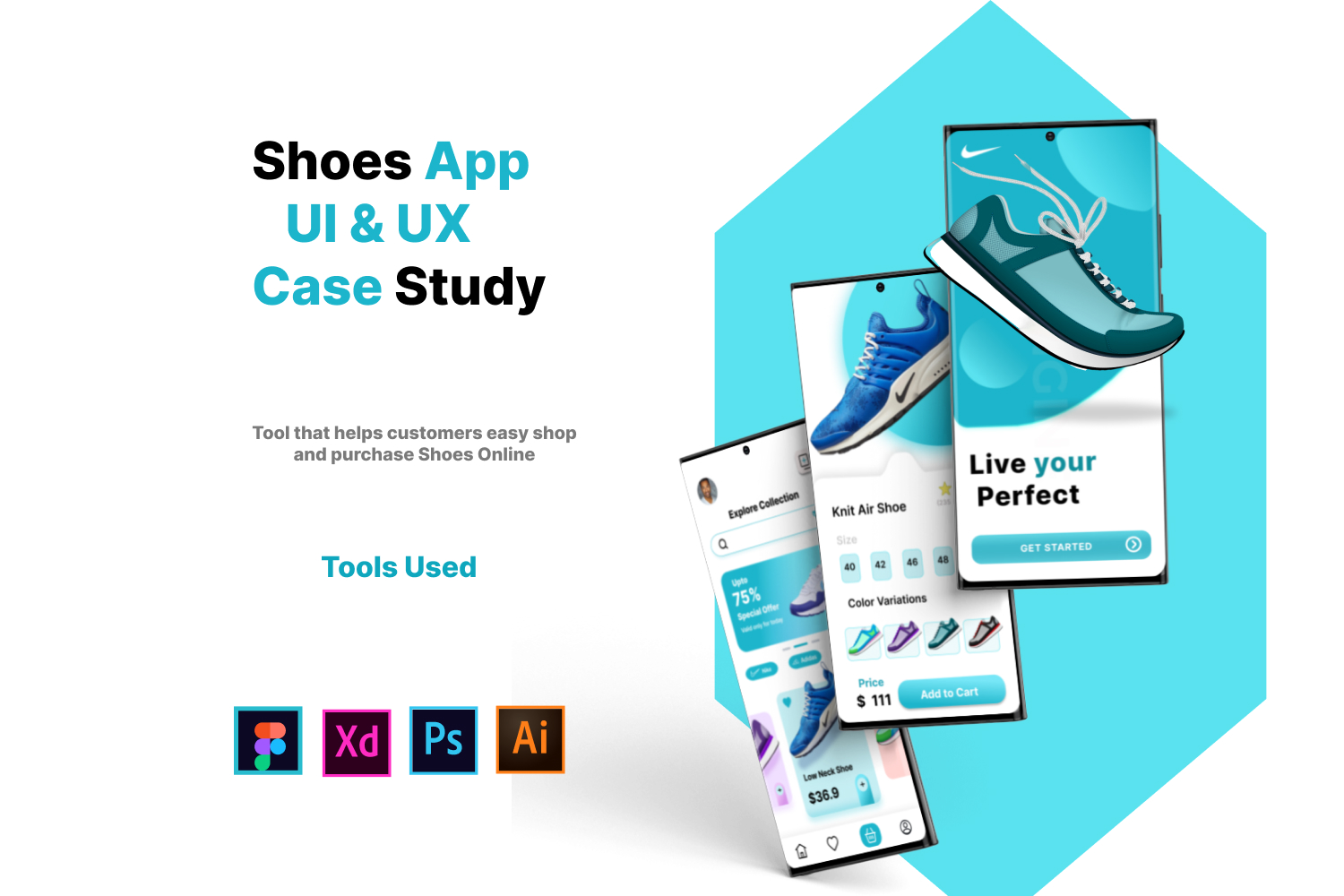 Figma shoes App Design with case study pinterest preview image.