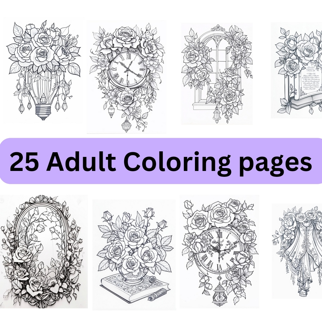 25 Printable Rose Designs Adult Coloring pages | Coloring Pages for adults cover image.