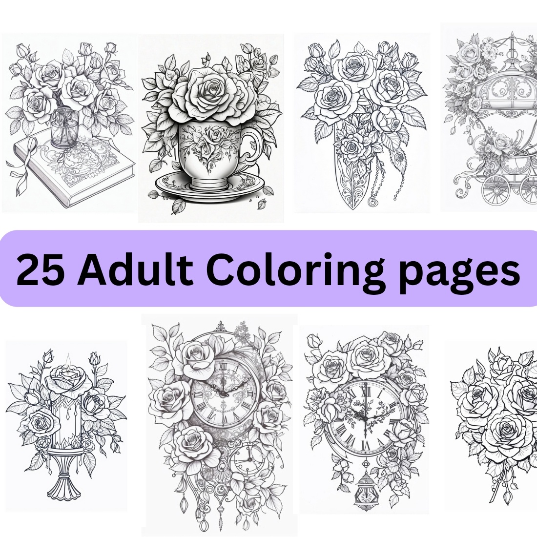 25 Printable Rose Designs Adult Coloring pages | Coloring Pages for adults preview image.
