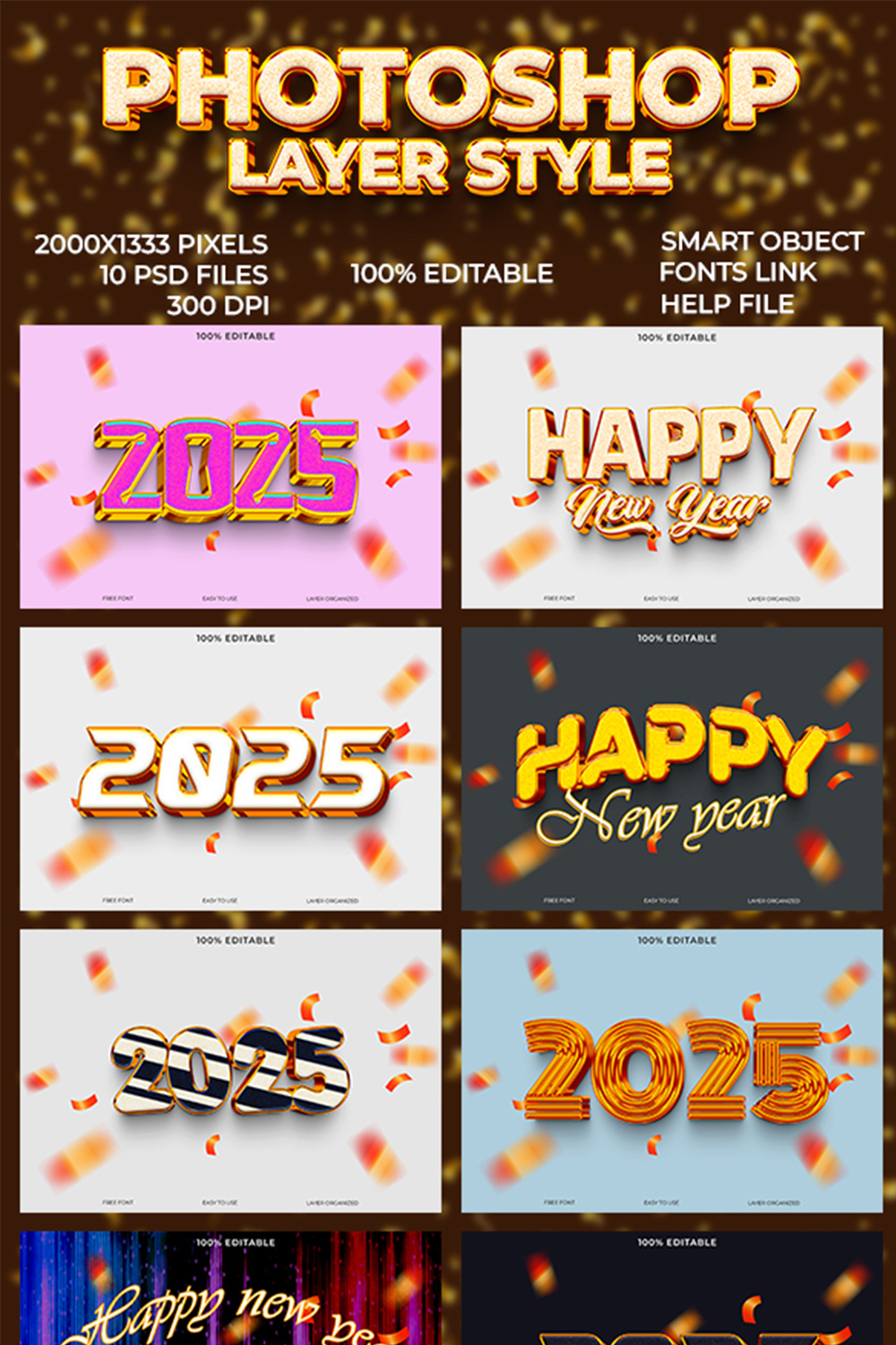Happy New Year 2025 3D Text Effect Style pinterest preview image.