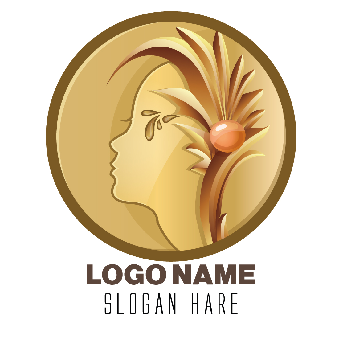3d woman face gold with floral shape vector logo preview image.