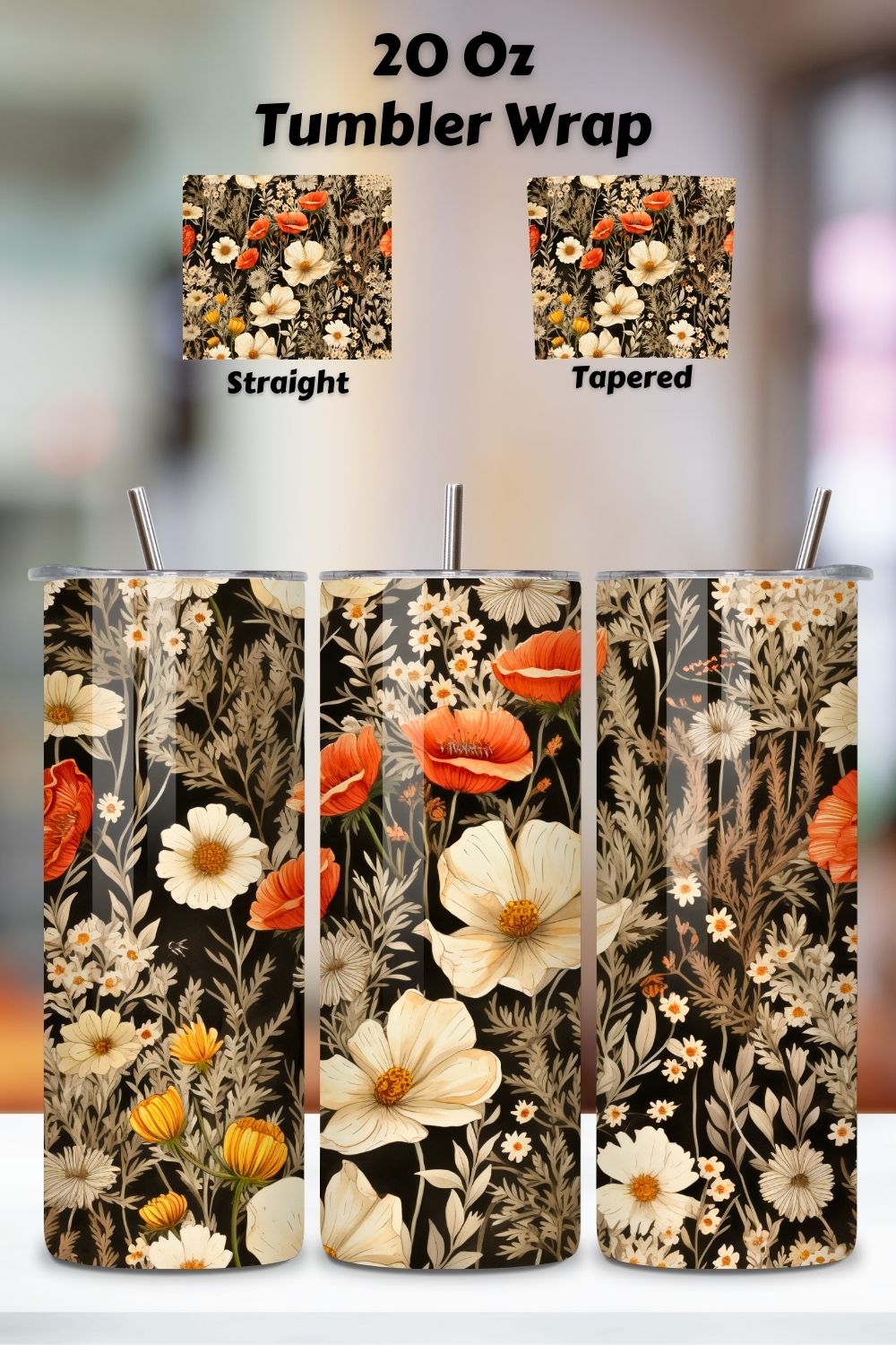 Wildflower Meadow Rustic Tumbler Wrap, PNG Seamless Design pinterest preview image.